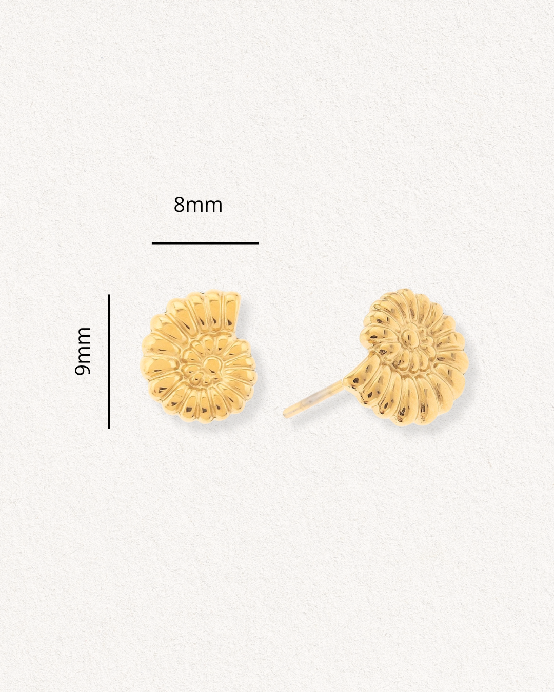 Mazie auskari - Gliemežvāki by Como Jewelry ir 8 mm plati un 9 mm augsti zelta auskari amonīta formā, kas izvietoti uz gaišas faktūras fona. Šie hipoalerģiskie auskari nodrošina pārlaicīgu stilu un komfortu.